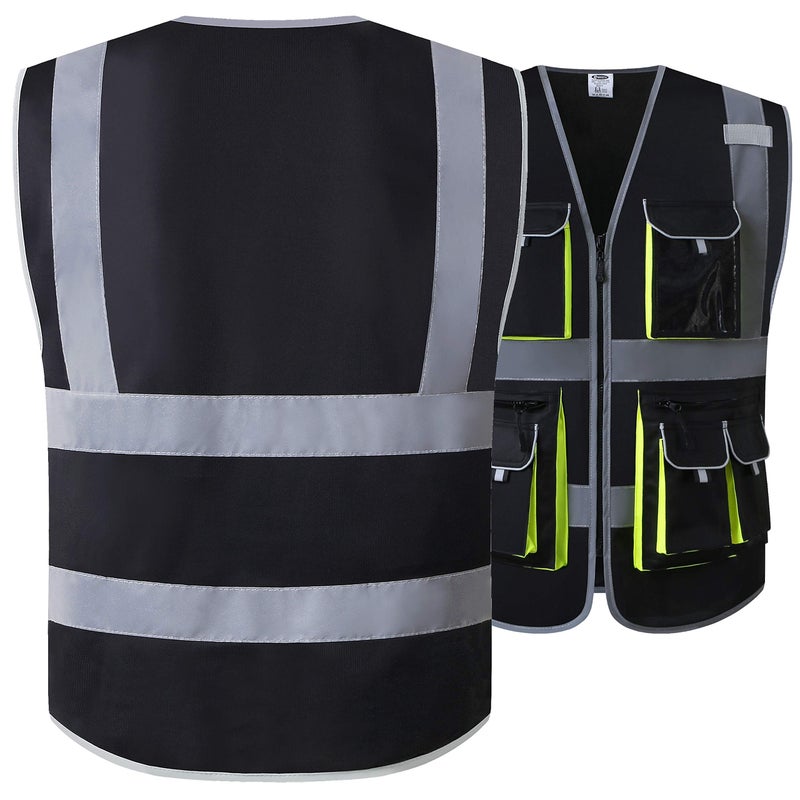 JKSafety سترة أمان JKSafety ذات 10 جيوب باللون الأسود وسحاب أمامي مع شرائط عاكسة عالية تلبي معايير ANSI/ISEA (88-أسود كبير) - Image 2